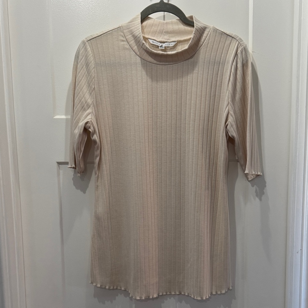 The Nines By Hatch Cream Mock Neck Elbow Sleeve Knit Ribbed Top Size Large